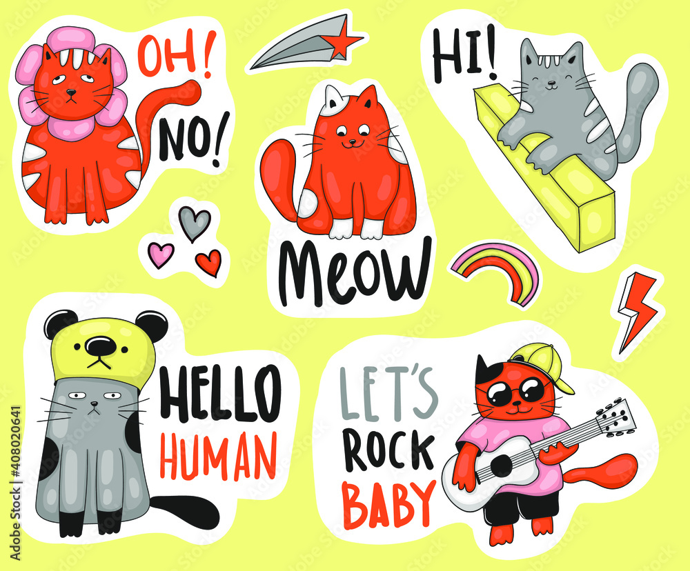 Colorful Hand drawn funny cats stickers collection