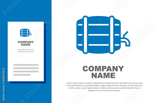 Blue Wooden barrel on rack with stopcock icon isolated on white background. Logo design template element. Vector.