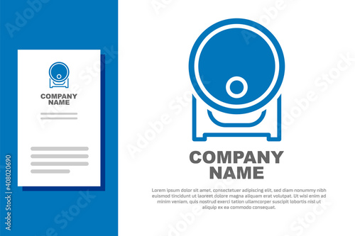 Blue Wooden barrel on rack with stopcock icon isolated on white background. Logo design template element. Vector.
