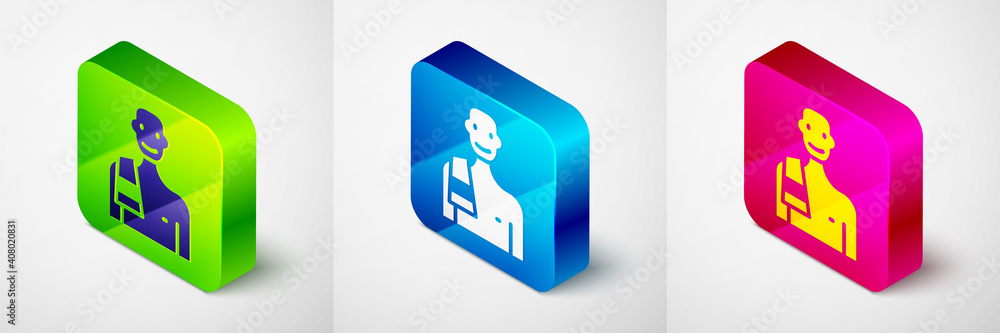 Isometric Man in the sauna icon isolated on grey background. Square button. Vector. Isometric Man in the sauna icon isolated on grey background. Square button. Vector.
