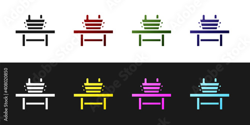 Set Sauna bench with bucket icon isolated on black and white background. Vector.