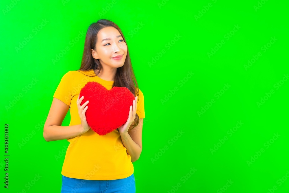Portrait beautiful young asian woman with heart pillow shape Portrait beautiful young asian woman with heart pillow shape