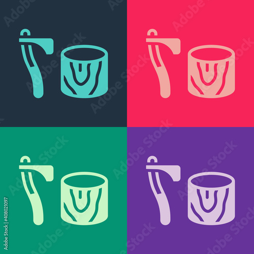 Pop art Wooden axe in stump icon isolated on color background. Lumberjack axe. Axe stuck in wood. Chopping wood. Vector.