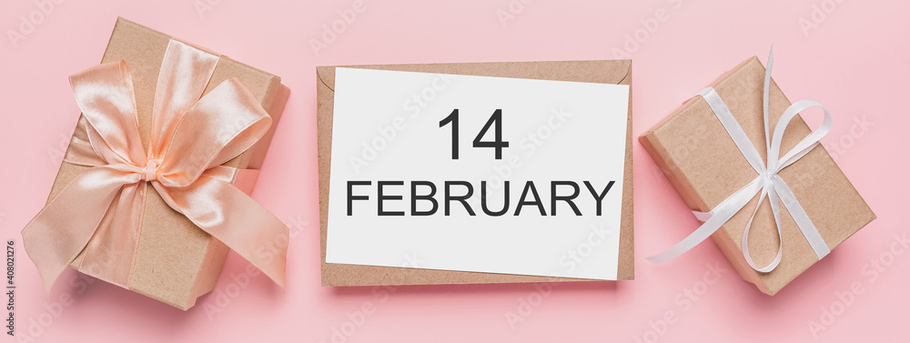 Gifts with note letter on isolated pink background, love and valentine concept with text14 february Gifts with note letter on isolated pink background, love and valentine concept with text14 february