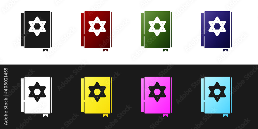 Set Jewish torah book icon isolated on black and white background. Pentateuch of Moses. On the cover of the Bible is the image of the Star of David. Vector.