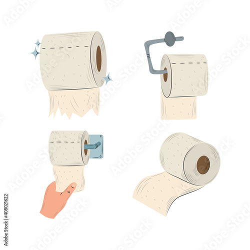 set of toilet paper rolls and hand with paper isolated design