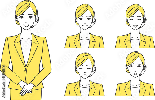ヘッドセットを身につけたスーツ姿の女性のイラスト シンプルタッチ