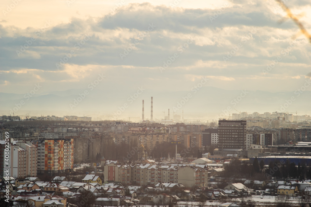 City from a height in smog on a winter day City from a height in smog on a winter day