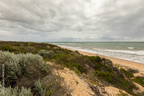 Coastal view including dunes looking south Binningup  Western Australia