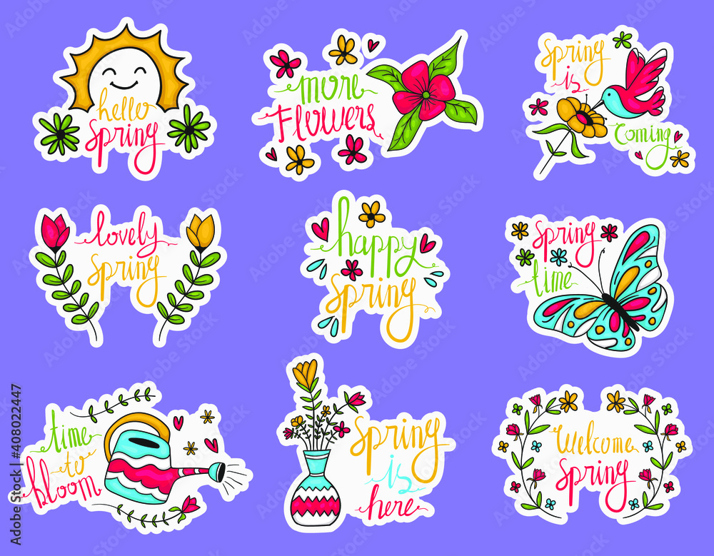 Colorful Hand drawn spring stickers collection