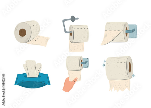 toilet paper rolls hanging, tissue box and hand with paper collection