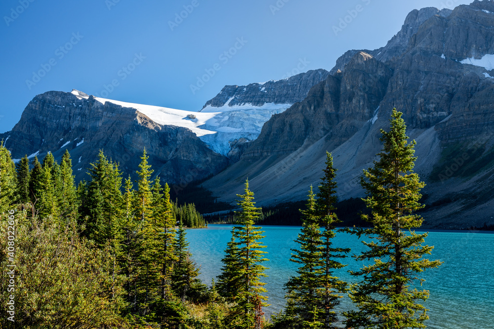 Bow Lake lakeshore in summer sunny day. Bow Glacier, Banff National Park, Canadian Rockies, Alberta, Canada.