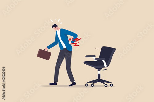 Office syndrome back pain, sitting and work too long causing back ache or inflammation of neck, shoulder and back muscles concept, painful office worker holding his back pain with office chair.