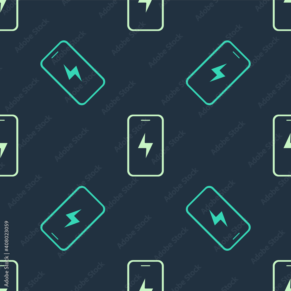 Green and beige Smartphone charging battery icon isolated seamless pattern on blue background. Phone with a low battery charge. Vector. Green and beige Smartphone charging battery icon isolated seamless pattern on blue background. Phone with a low battery charge. Vector.