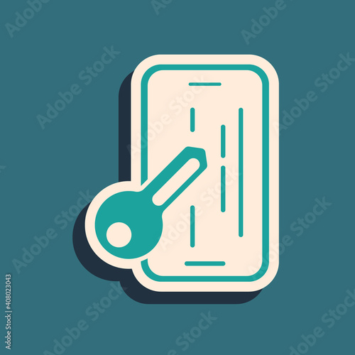 Green Glass screen protector for smartphone icon isolated on green background. Protective film for glass. Transparent soft glass for mobile phone. Long shadow style. Vector.