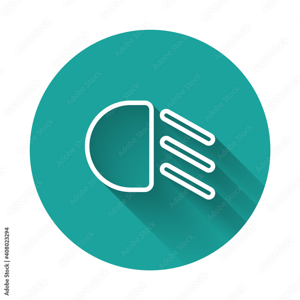White line High beam icon isolated with long shadow background. Car headlight. Green circle button. Vector. White line High beam icon isolated with long shadow background. Car headlight. Green circle button. Vector.