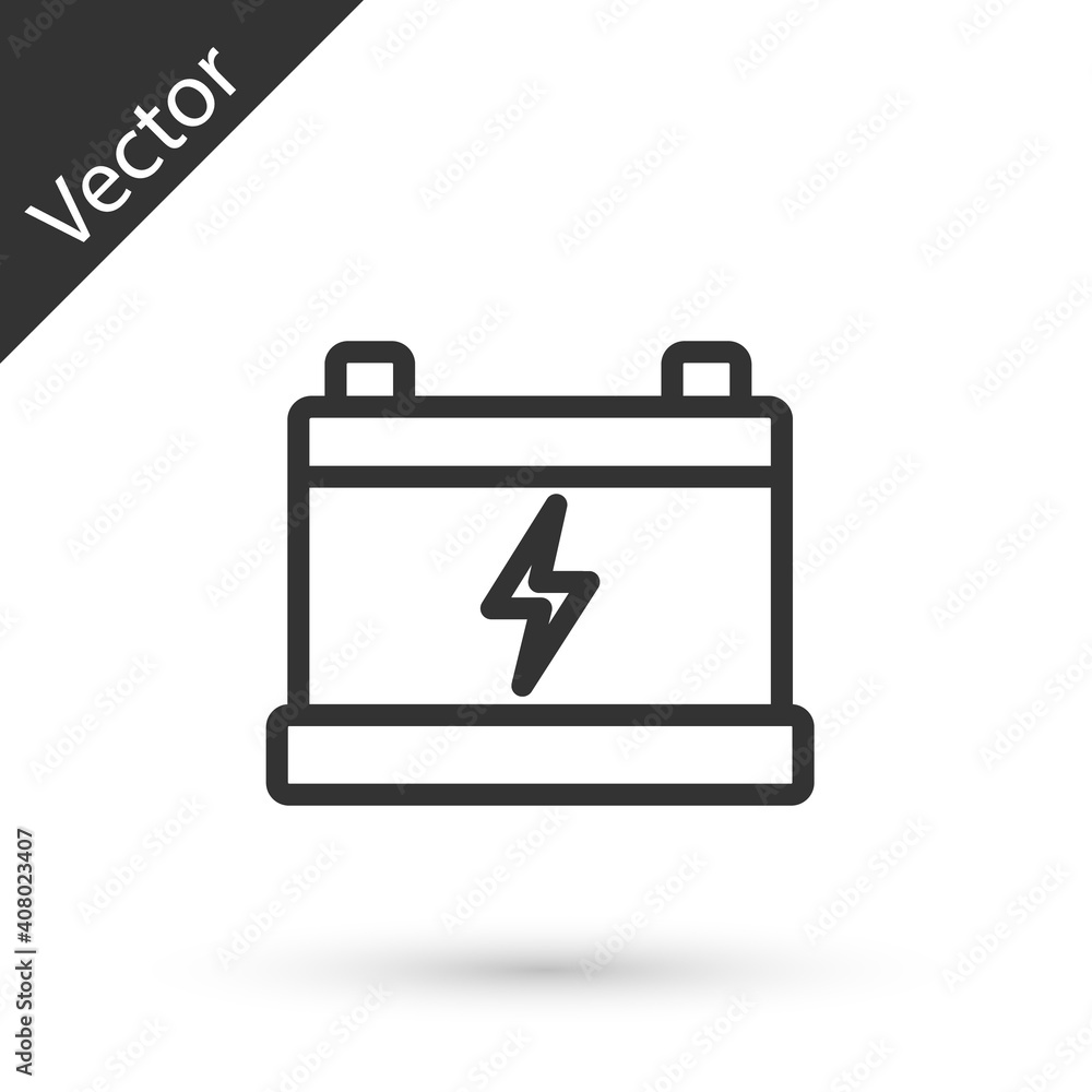 Grey line Car battery icon isolated on white background. Accumulator battery energy power and electricity accumulator battery. Vector. Grey line Car battery icon isolated on white background. Accumulator battery energy power and electricity accumulator battery. Vector.