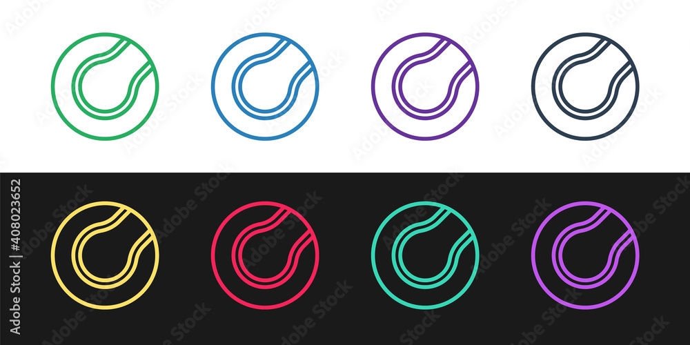 Set line Tennis ball icon isolated on black and white background. Sport equipment. Vector. Set line Tennis ball icon isolated on black and white background. Sport equipment. Vector.