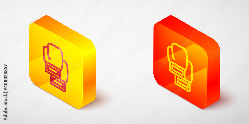 Isometric line Boxing glove icon isolated on grey background. Yellow and orange square button. Vector. Isometric line Boxing glove icon isolated on grey background. Yellow and orange square button. Vector.