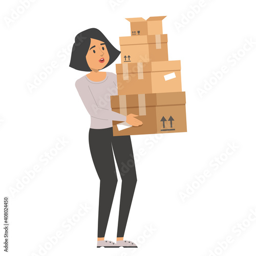 Woman holding a pile of boxes vector isolated. Person working as a courier, delivery service. Brown package, idea of transportation. Heavy weight