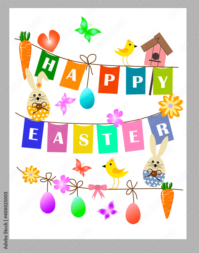 Easter poster with different festive attributes. Easter bunny, eggs, chickens and flowers. Vector illustration for use in decor, invitations, congratulations and gifts.