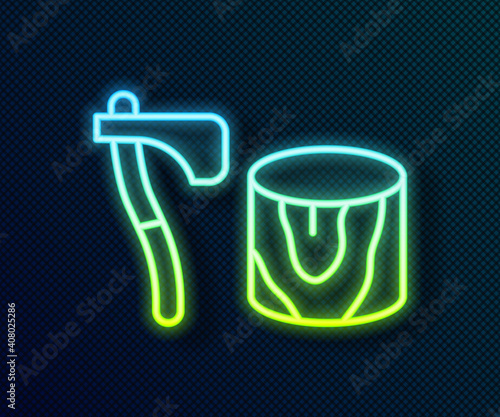 Glowing neon line Wooden axe in stump icon isolated on black background. Lumberjack axe. Axe stuck in wood. Chopping wood. Vector.