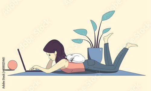 Girl lying at home working at a laptop.Freelancer lifestyle. Home office workplace.