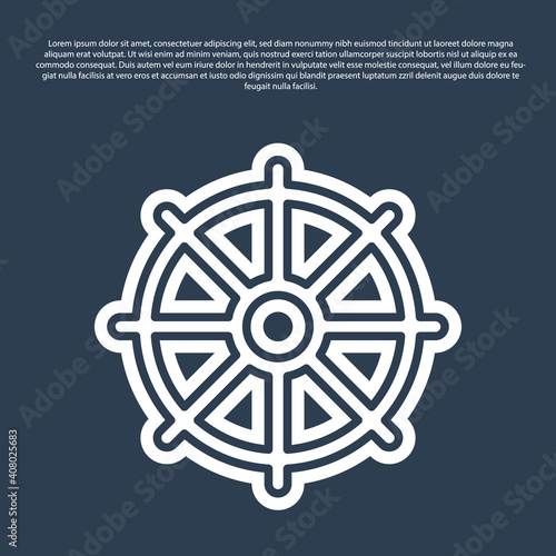 Blue line Dharma wheel icon isolated on blue background. Buddhism religion sign. Dharmachakra symbol. Vector.