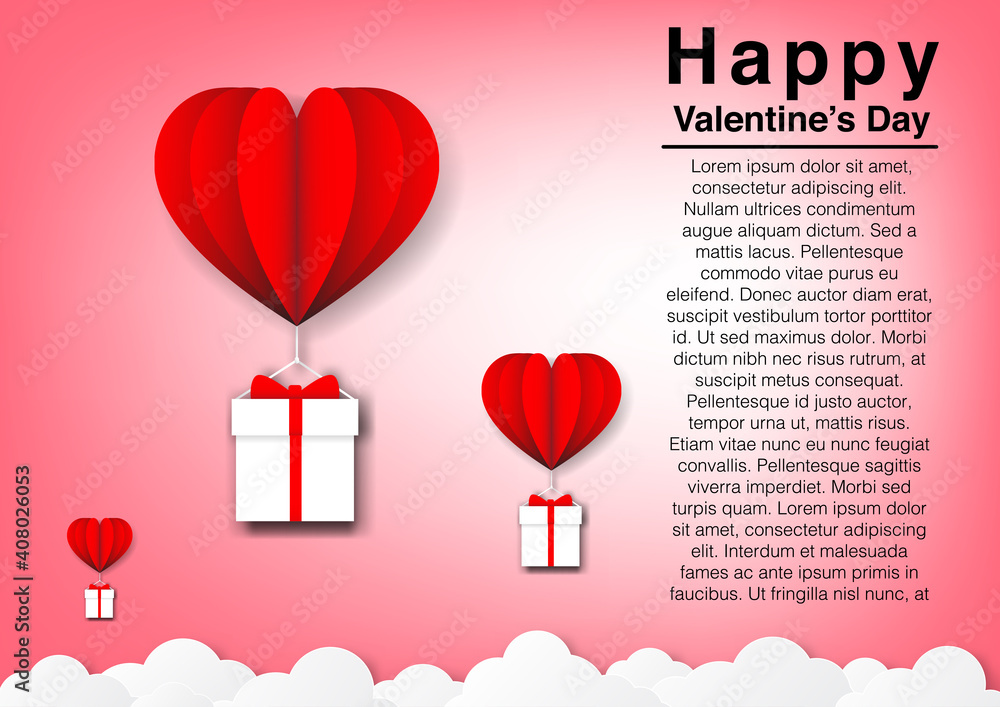 Happy valentine's day with heart balloon, gift boxes and clouds vector