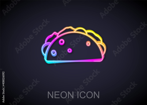 Glowing neon line Taco with tortilla icon isolated on black background. Traditional mexican fast food menu. Vector.