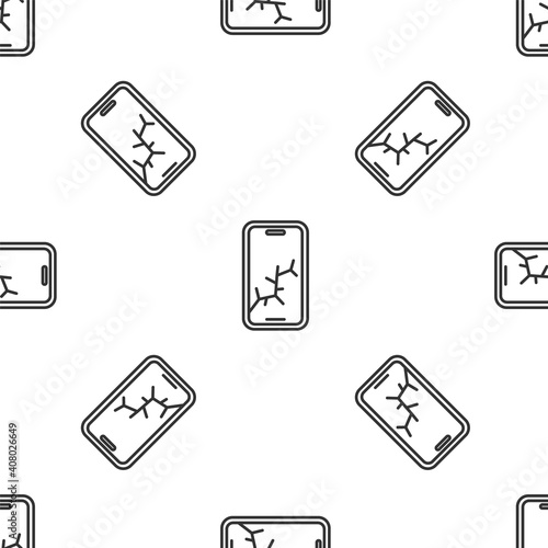 Grey line Smartphone with broken screen icon isolated seamless pattern on white background. Shattered phone screen icon. Vector. © vector_v