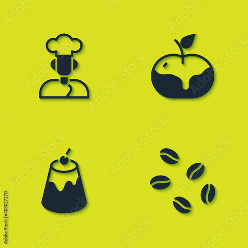Set Cook, Coffee beans, Pudding custard and Apple caramel icon. Vector.