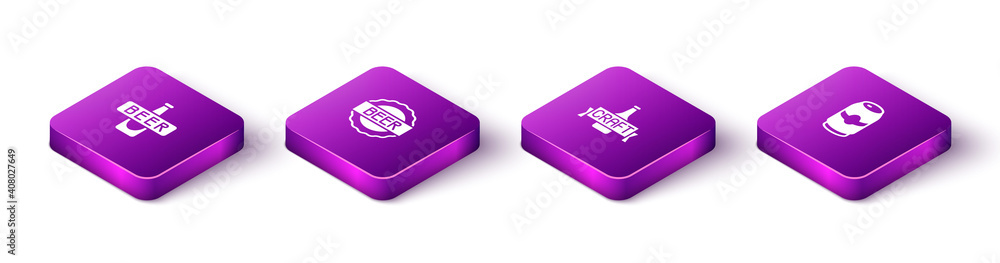 Set Isometric Beer bottle, Bottle cap with beer, and can icon. Vector. Set Isometric Beer bottle, Bottle cap with beer, and can icon. Vector.