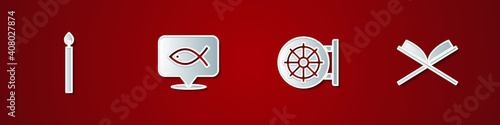 Set Burning candle, Christian fish, Dharma wheel and Holy book of Koran icon. Vector.