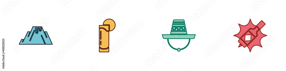 Set Volcano eruption with lava, Tequila glass lemon, Mexican sombrero and Tabasco sauce icon. Vector. Set Volcano eruption with lava, Tequila glass lemon, Mexican sombrero and Tabasco sauce icon. Vector.