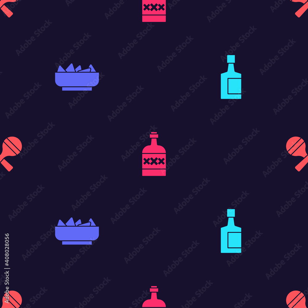 Set Tequila bottle, Nachos in bowl, and Maracas on seamless pattern. Vector. Set Tequila bottle, Nachos in bowl, and Maracas on seamless pattern. Vector.