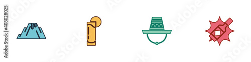 Set Volcano eruption with lava, Tequila glass lemon, Mexican sombrero and Tabasco sauce icon. Vector.