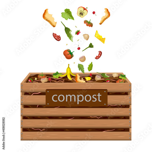 wooden compost box, bin with food waste vector illustration. garden composter for organic recycling of kitchen, natural household garbage. composted fertile soil, earth worms and biodegradable trash.
