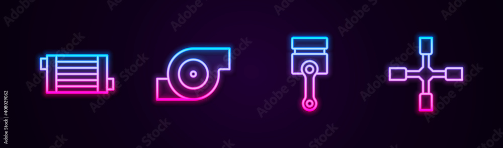 Set line Car radiator cooling system, Automotive turbocharger, Engine piston and Wheel wrench. Glowing neon icon. Vector. Set line Car radiator cooling system, Automotive turbocharger, Engine piston and Wheel wrench. Glowing neon icon. Vector.