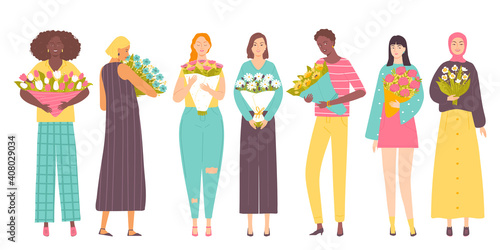 Collection of different female characters with bouquets of flowers.Set of people on a white background. International Women's Day, Birthday, Valentine's day, gift.. Vector illustration in flat style.