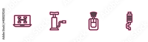 Set line Diagnostics condition of car, Car key with remote, air pump and muffler icon. Vector.