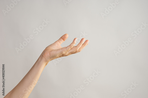 Hand gestures, Elegant female hand, pointing to the side. palm holds something, a blank for the design. light grey background