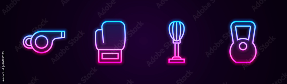 Set line Whistle, Boxing glove, Punching bag and Kettlebell. Glowing neon icon. Vector. Set line Whistle, Boxing glove, Punching bag and Kettlebell. Glowing neon icon. Vector.
