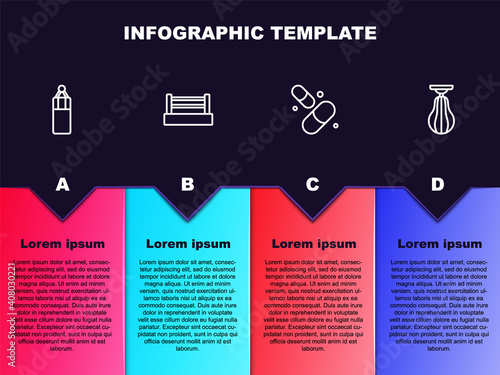 Set line Punching bag, Boxing ring, Vitamin pill and . Business infographic template. Vector.