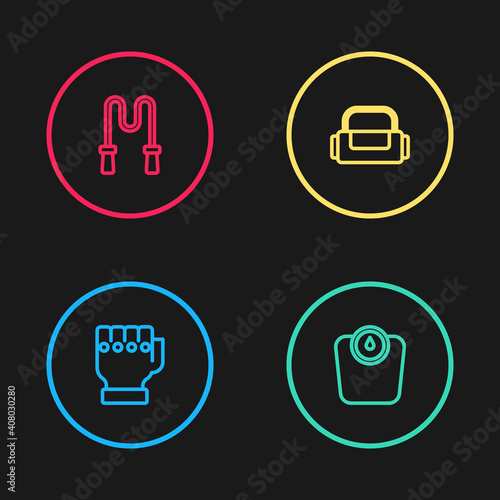 Set line MMA glove, Bathroom scales, Sport bag and Jump rope icon. Vector.