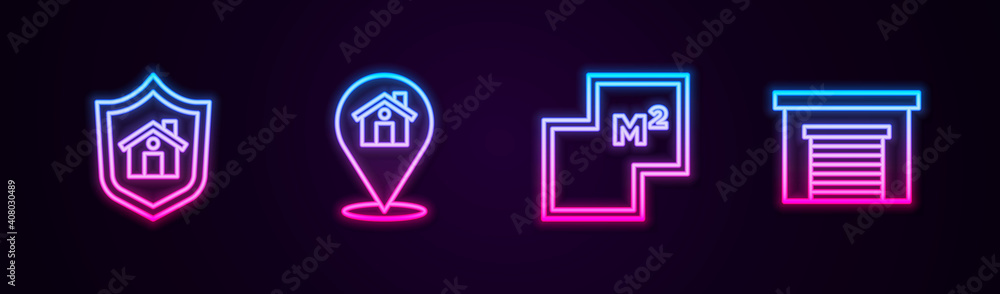 Set line House with shield, Location house, plan and Garage. Glowing neon icon. Vector. Set line House with shield, Location house, plan and Garage. Glowing neon icon. Vector.