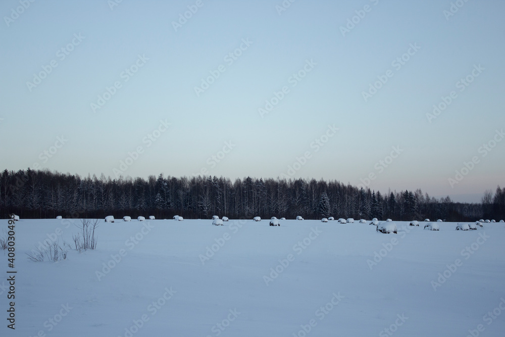 Haystacks on the field in winter. A snow-covered field with haystacks. Snow fields. Haystacks on the field in winter. A snow-covered field with haystacks. Snow fields.