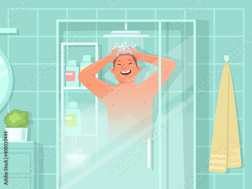 Happy man washes in the shower. Daily hygiene procedures. Vector illustration