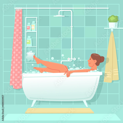 Happy woman takes a bath with salt and foam in the bathroom. Daily hygiene procedures