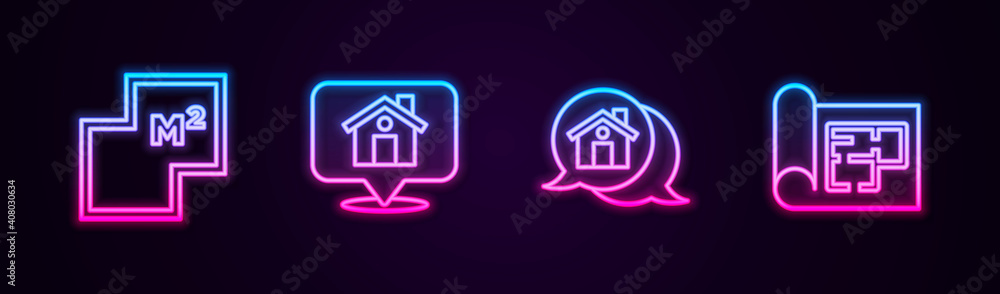 Set line House plan, Location with house, Real estate message and . Glowing neon icon. Vector. Set line House plan, Location with house, Real estate message and . Glowing neon icon. Vector.